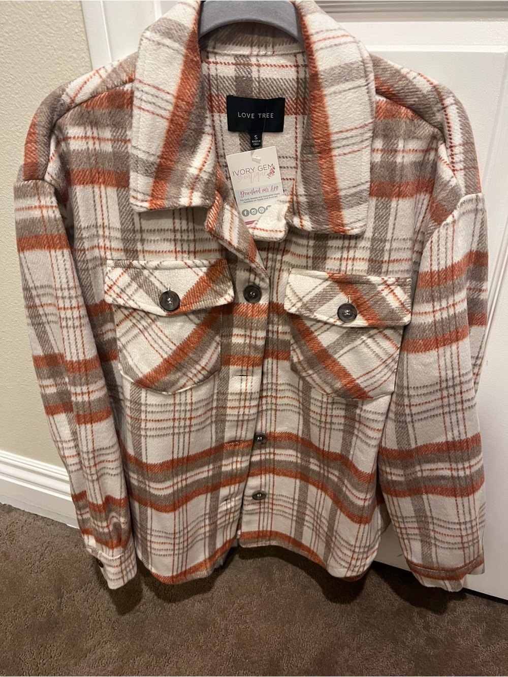 Love Tree Ivory Mocha Rust Plaid Button-Up Shacket Jacket